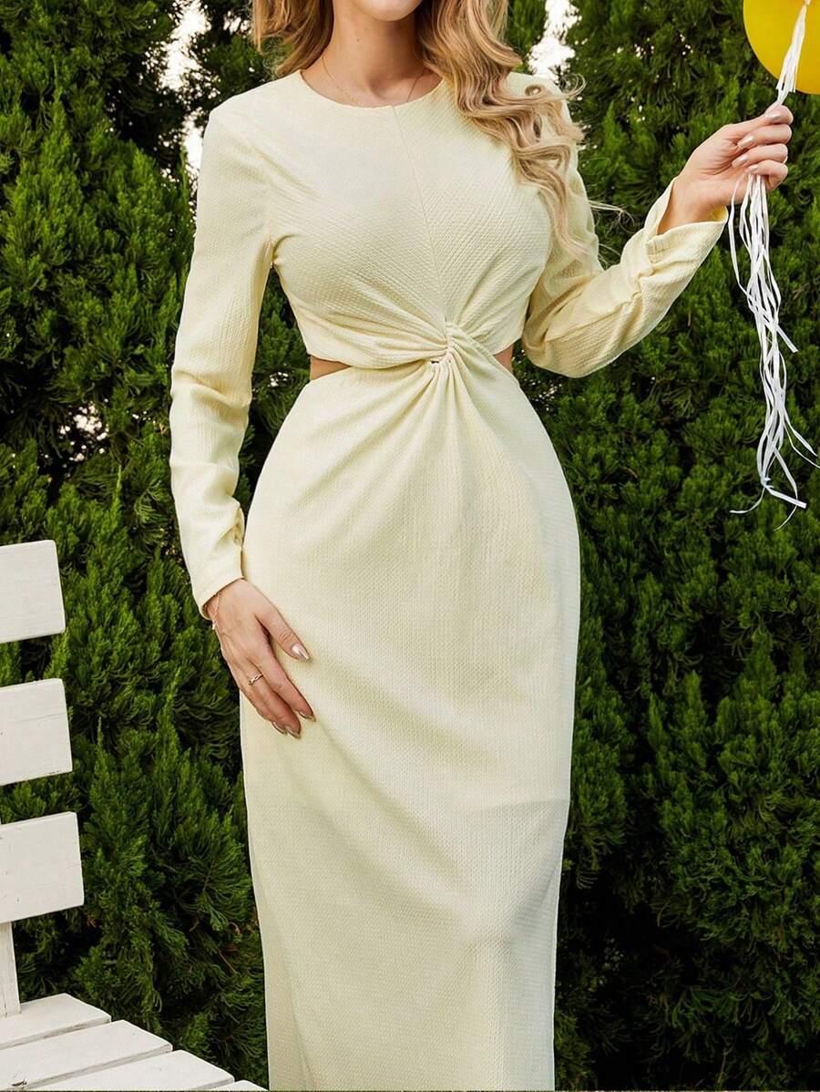 GENKIRA Twisted Detail Hollow Out Waist Long Sleeve Dress Fall Cloth For Women - Yellow - View 1