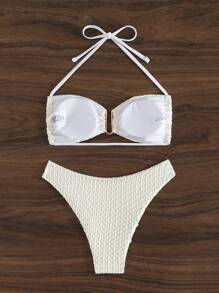 SHEIN Swim Conjunto de bikini de dos piezas con cuello de halter texturizado para mujer, playa de verano - Blanco - Ver 7