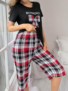 SHEIN 女士蝴蝶結字母印花上衣和格紋短褲睡衣套裝 - 黑色 - 查看 6