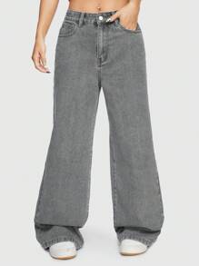 ROMWE Avant Phong cách đường phố Giải trí quần ống rộng Lá thư & Cây nho Thêu Của phụ nữ Denim Quần jean - Xám - Xem 5