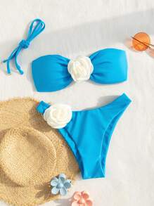 SHEIN Swim Bộ bikini màu khối màu bãi biển mùa hè dành cho nữ với trang trí hoa 3d cho đám cưới - Màu xanh lam - Xem 1