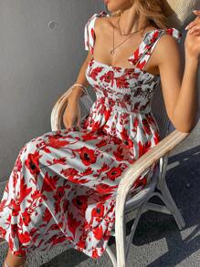 Breezaya Floral Print Shoulder Tie Sleeveless Dress - Red - View 6