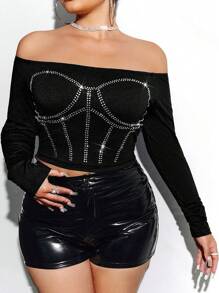 SHEIN ICON Plus Size Off-Shoulder Long Sleeves Cropped T-Shirt - Black - View 3