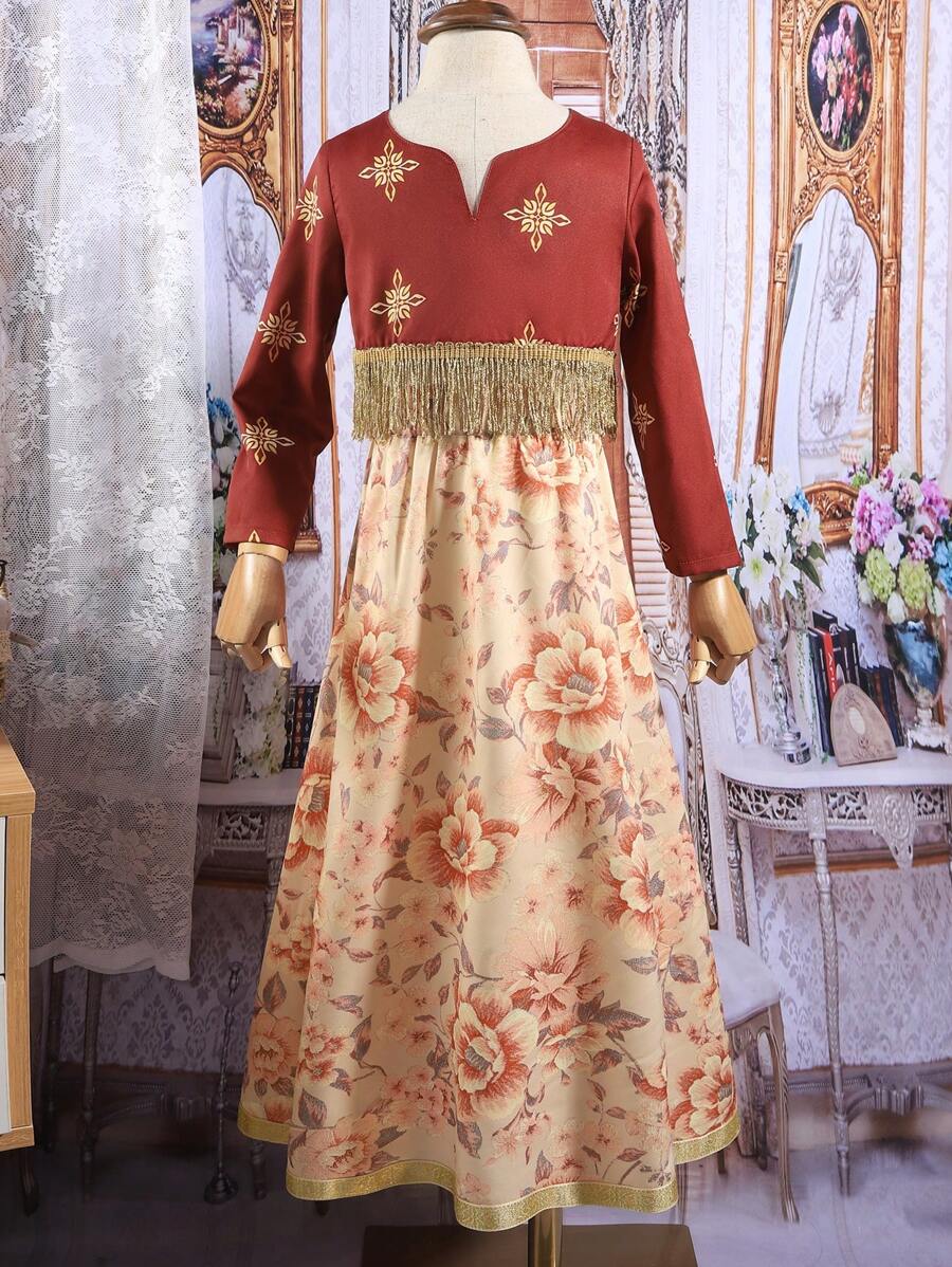 SHEIN Conjunto De 2 Piezas Para Niña Con Camisa De Manga Larga Y Falda Larga De Flores Vintage Impresa Con Borlas Doradas En El Dobladillo, Para Uso Diario - Multicolor - Ver 1