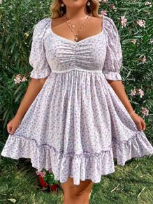 Flirla 大尺碼女款花卉印花短泡泡袖連身裙 - 紫色 - 查看 4