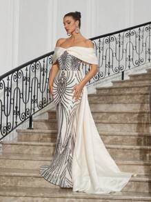 SHEIN Belle Off Shoulder Bowknot Decor Sparkly Embroidery Patchwork Satin Mermaid Evening Prom Dress For Women