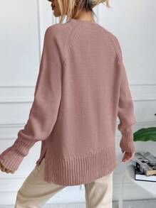 SHEIN Cottnline Raglan Sleeve Split Hem Sweater - Pink - View 2