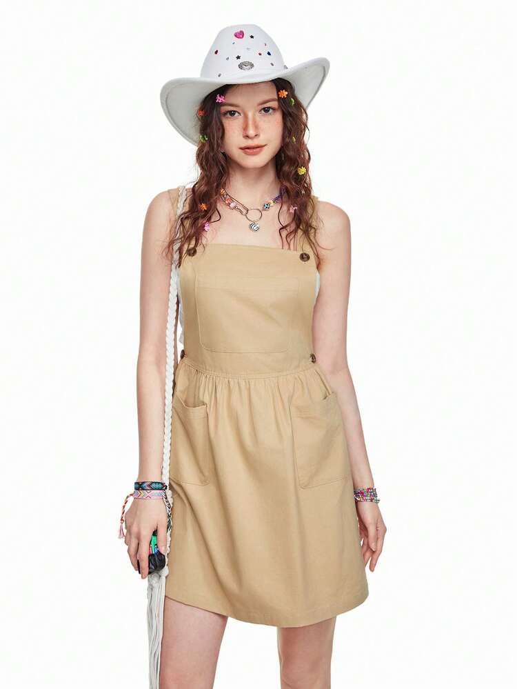 Summer Women's Sleeveless Dungaree Dress With Double Pockets