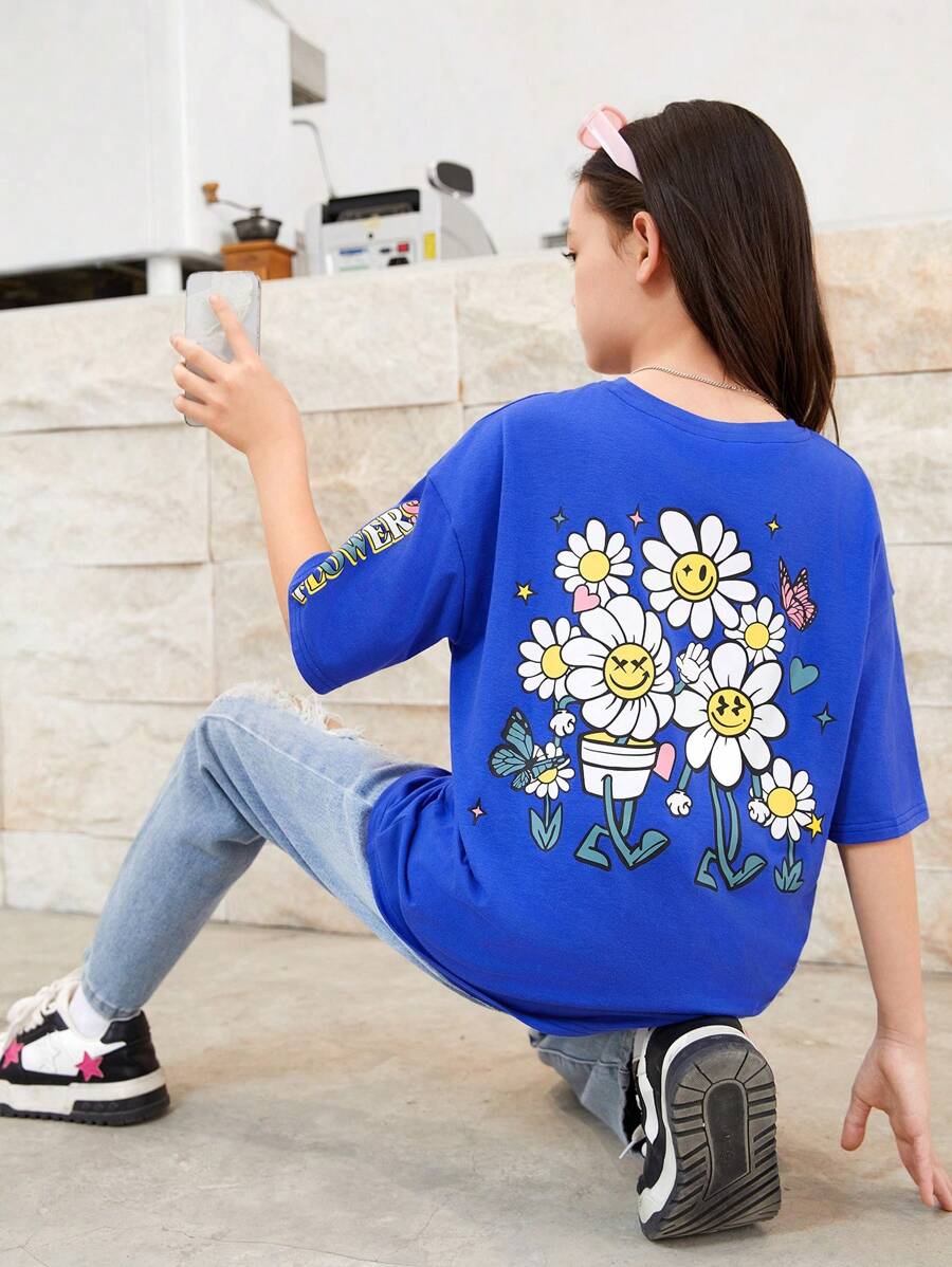 SHEIN 適合青少年女孩的鬆身針織印花下垂短袖t恤 - 寶藍色 - 查看 1