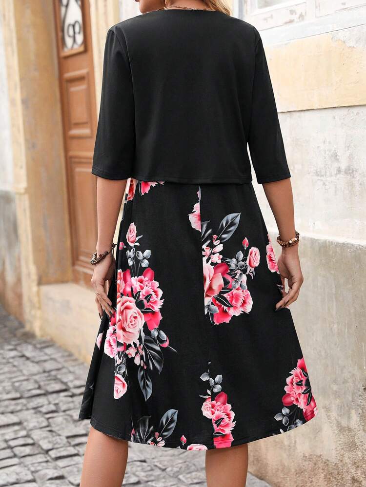 2pcs/Set Floral Printed Sleeveless V-Neck Dress And Open Front Jacket