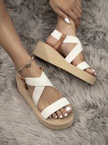 女式白色時尚夏季鞋,編織高跟夾層厚底涼鞋,休閒海灘女拖鞋,藤椅風格 - 白色 - 查看 4