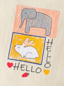 Baby Girl's Light Khaki Adorable Rabbit & Elephant Printed Jumpsuit With Hat, 2pcs Home Wear Set - Beige - View 3