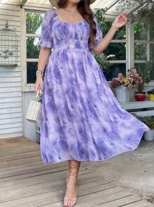 Flirla Plus Size Women's Square Neck Elegant Ombre Dress - Purple - View 7