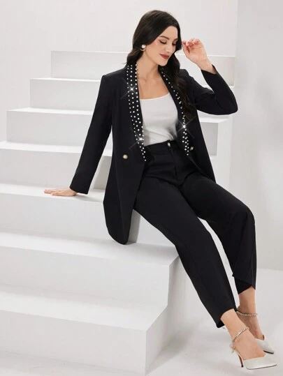 Beads Embellished Shawl Collar Long Sleeve Suit Jacket And Pants Set Business Suits For Woman 2 Piece Set