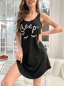 时尚字母印花无袖家居服睡衣连衣裙，弧形下摆，宽松睡裙