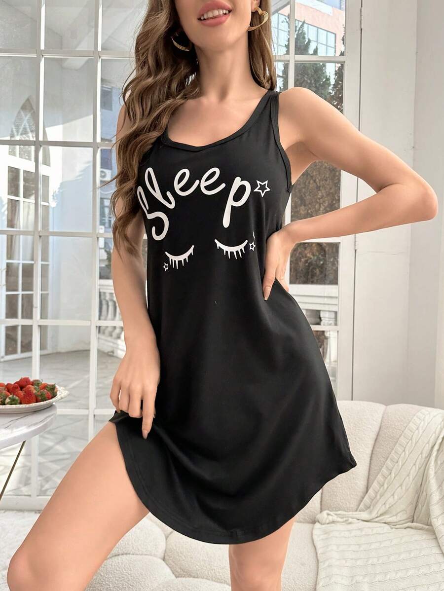 时尚字母印花无袖家居服睡衣连衣裙，弧形下摆，宽松睡裙