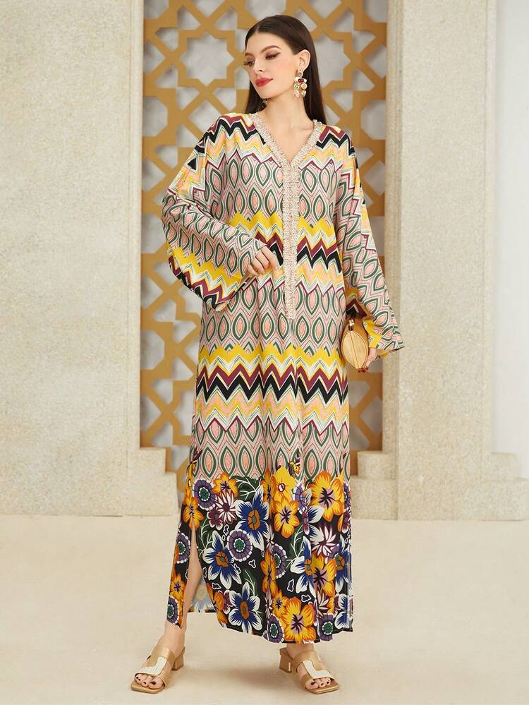 Women's V-Neck Long Sleeve Full Print Dress