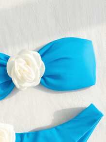 SHEIN Swim Bộ bikini màu khối màu bãi biển mùa hè dành cho nữ với trang trí hoa 3d cho đám cưới - Màu xanh lam - Xem 3