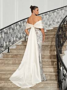 SHEIN Belle Off Shoulder Bowknot Decor Sparkly Embroidery Patchwork Satin Mermaid Evening Prom Dress For Women