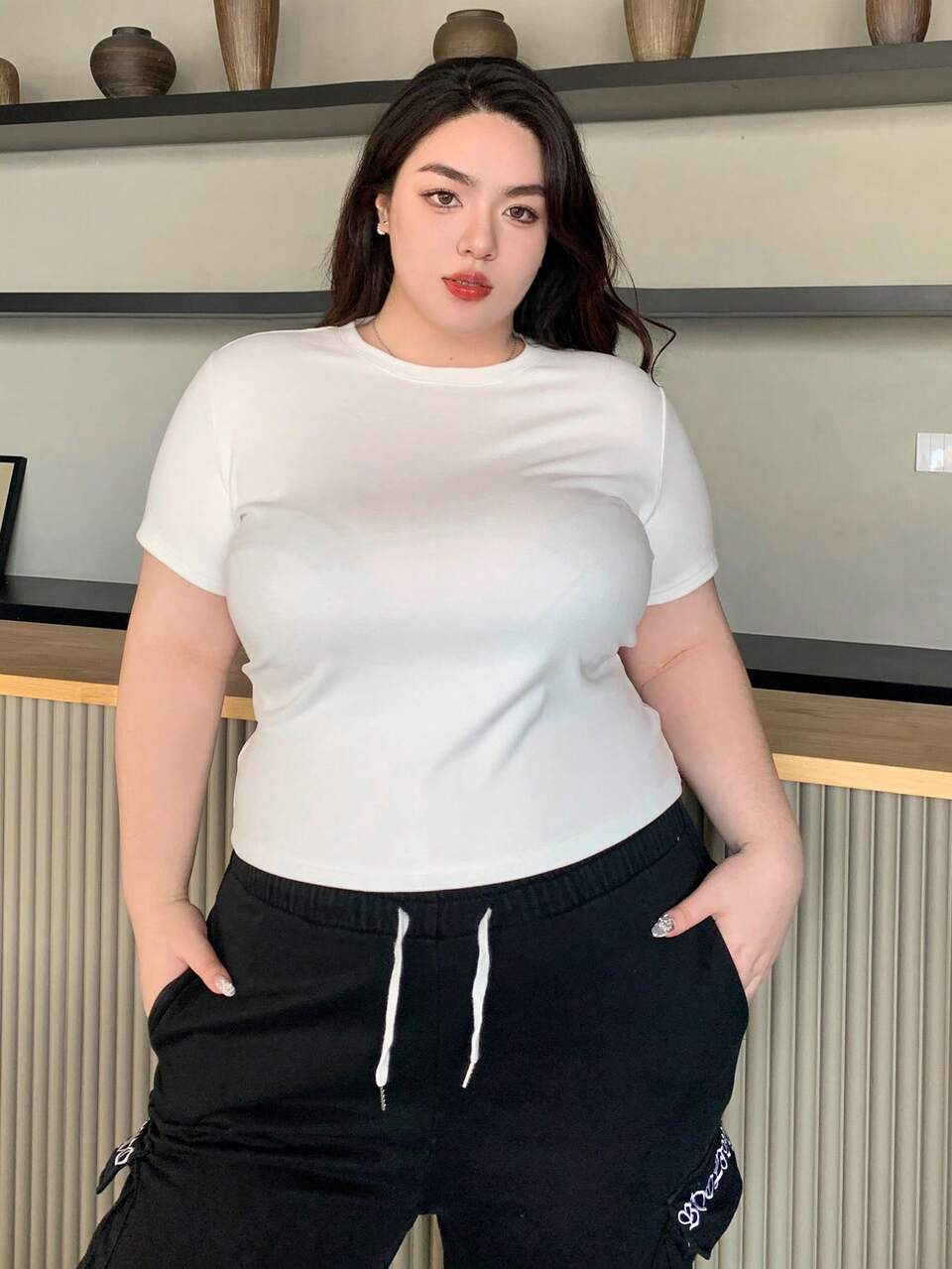 Dazy Plus Plus Size Solid Color Basic Round Neck T-Shirt Summer, Crop Tops Women Preppy Tops