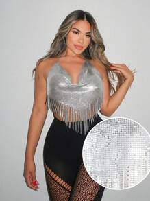 SHEIN SXY Valentine's Day Moda Mujeres Hermosas Top De Halter Ajustable Sin Tirantes Sin Espalda Corto Ajustado Con Cuello Profundo, Sexy Para La Noche En El Club Con Borla De Metal