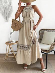 Breezaya Women's Lace Splice Halter Neck Dress Maxi Vacation Beach Outfit