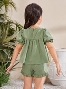 SHEIN Young Girl's Embroidered Short Sleeve Top With Puff Sleeves And Woven Solid Color Ruffle Shorts Two-Piece Set For Summer Vacation - Green - View 2