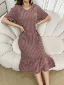 女士短袖v領睡裙