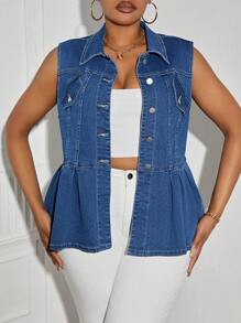 SHEIN SXY Plus Size Women's Sleeveless A-Line Denim Jacket - Medium Wash - View 6