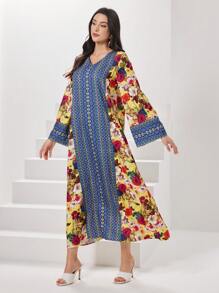 Al Najma Vestido árabe de manga larga con estampado floral - Amarillo - Ver 5