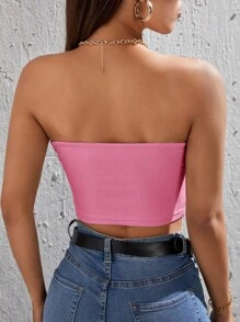 SHEIN PETITE Women's Solid Color Twisted Strapless Tube Top - Pink - View 2