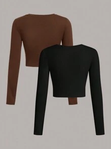 SHEIN EZwear 2 chiếc/Bộ Áo thun nữ cổ tròn dài tay bó sát màu trơn đơn giản, phù hợp cho mùa xuân và mùa thu - Nhiều màu - Xem 2