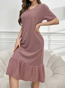 女士短袖v領睡裙