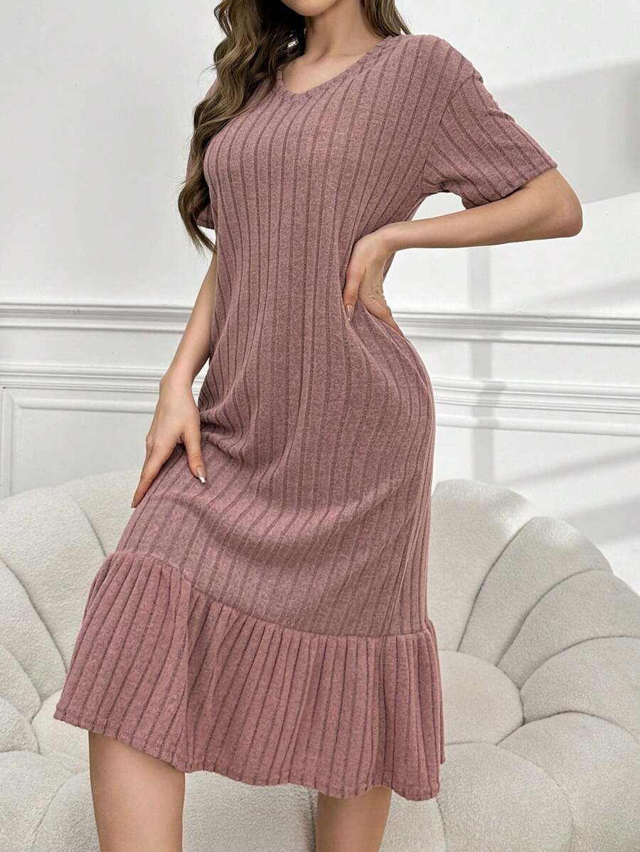 女士短袖v領睡裙