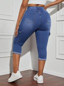 SHEIN SXY Plus Size Women's Elastic Denim Skinny Jeans With Flared Hem And Pockets - Versatile And Slimming
