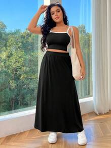 SHEIN EZwear Plus Size Black Knitted Long Skirt - Black - View 4