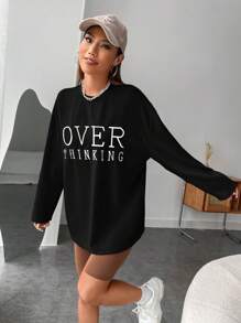 SHEIN EZwear 字母刺繡落肩T恤 - 黑色 - 查看 4