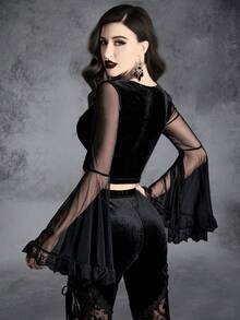 Gothic Contrast Mesh Flounce Sleeve Velvet Top - Black - View 2