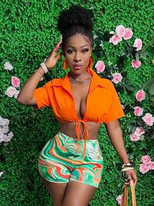 Slaydiva Solid Color Crop Tie Open Front Short Sleeve Shirt And All Over Print Cropped Shorts
