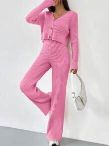SHEIN EZwear Autumn And Winter 2pcs/Set Women V-Neck Button Decor Contrast Color Long Sleeve Top And Knitted Long Pants Sweater Suit - Pink - View 5