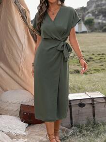 Wandoria Ladies' Solid Color Wrap Tie Dress Maxi Vacation Beach Outfits Women - Army Green - View 7