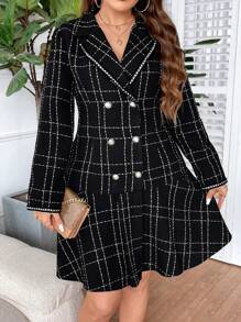 Celure Plus Size Women's Double-Breasted Plaid Dress