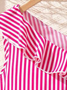 Sparklyn 青少年女孩条纹长裙，带不对称肩带和荷叶边，适合海滩度假、假日、夏季、旅行 - 玫紅色 - 查看 3