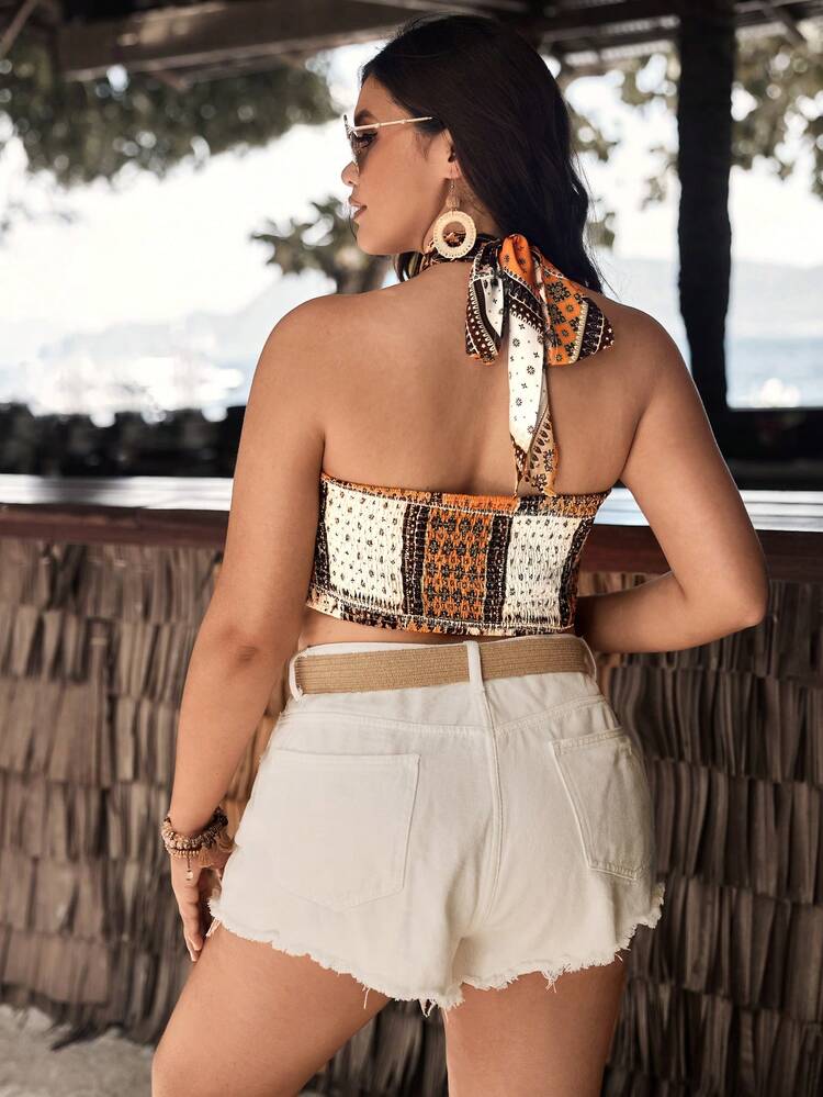 Plus Size Holiday Printed Shell & Woven Strap Decor Cross Halter Top