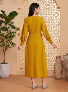 Al Najma Floral Applique Lantern Sleeve Arabian Dress With Patchwork - Yellow - View 2