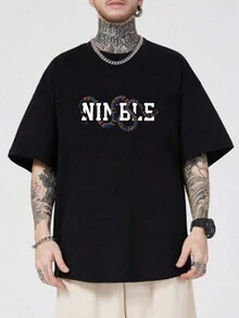 Manfinity EMRG 鬆身男士黑色針織短袖T卹，圓領和文字印花 - 黑色 - 查看 1