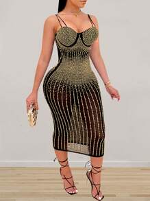 Rhinestone Studded Detail Bustier Cami Bodycon Dress - Gold - View 1