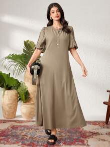 Seusyu Women's Button Front Puff Short Sleeve Dress - Army Green - View 6