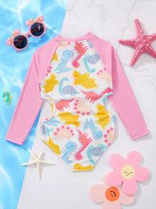 SHEIN Leap Crew Young Girl Knitted Dinosaur Pattern Round Neck Long Sleeve One-Piece Swimsuit - Pink - View 2