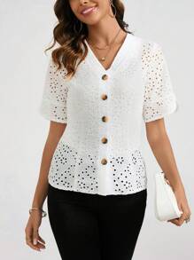 SHEIN Clasi V-Neck Button Up Eyelet Embroidered Blouse - White - View 6